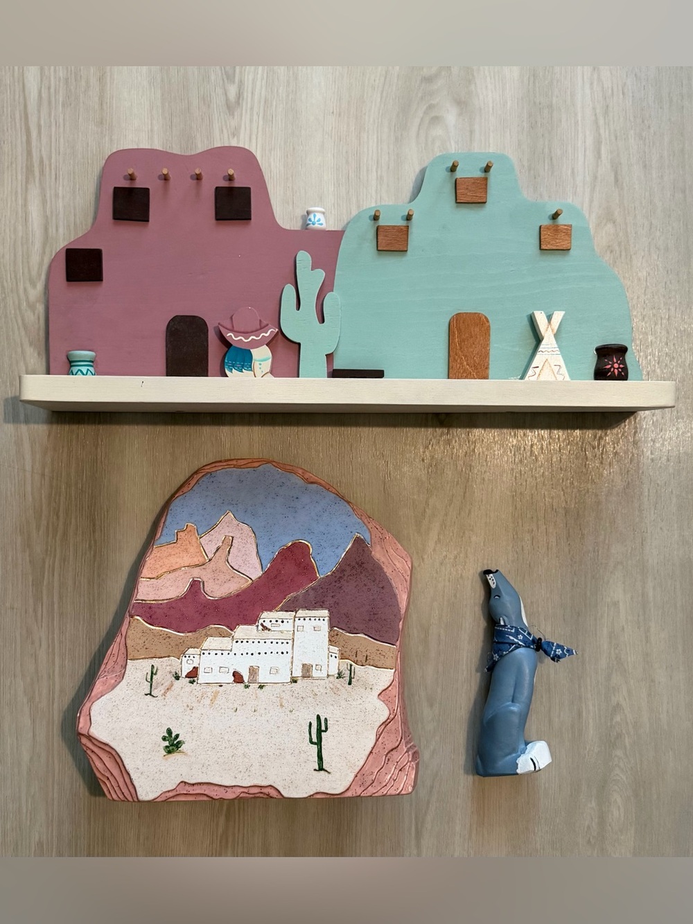 Vintage Lot Of Southwestern Decor Handpainted Faux Scenic Rock / Shelf/ Wolf